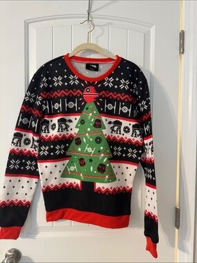 Star Wars Men's Black & Red Crewneck Holiday Sweater with Green Tree